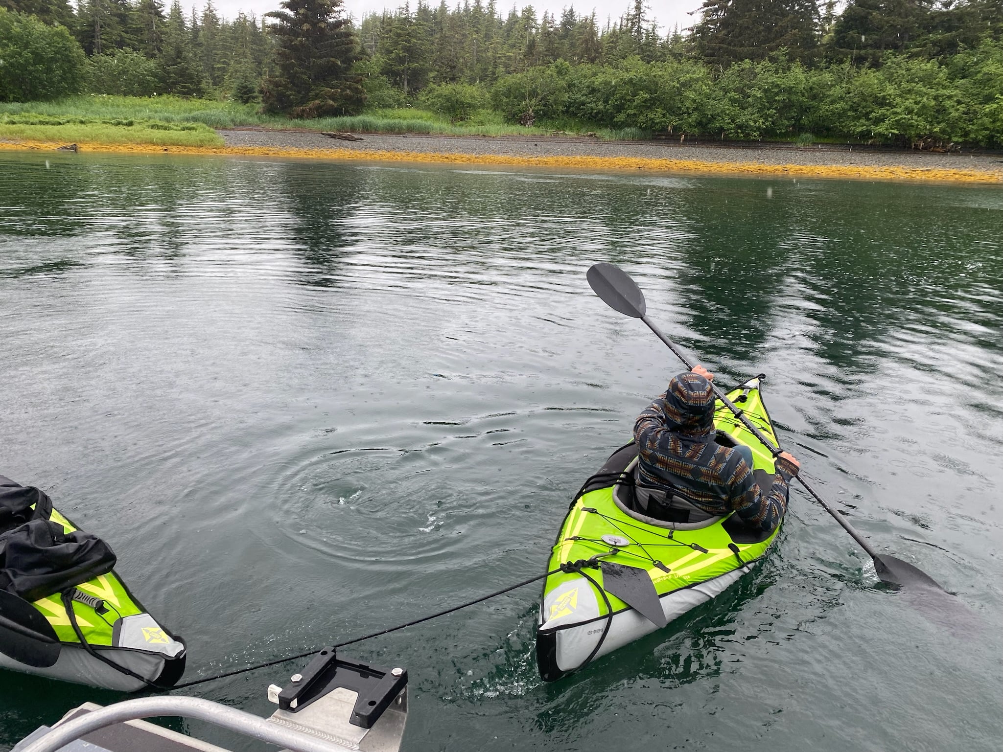 Two bright green kayaks on the water near Shelter Bay
